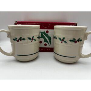 Longaberger Pottery Traditional Holly Mug Pair